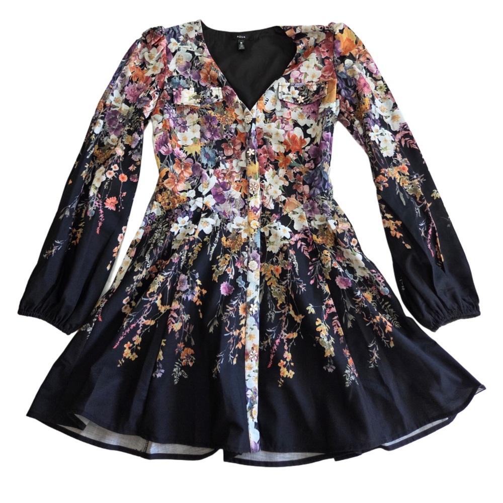 Aqua Multicolor Floral Long Sleeve Dress